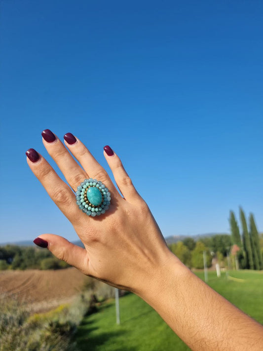 Anello "Fiore di Agata Celeste e Cristalli" Holi